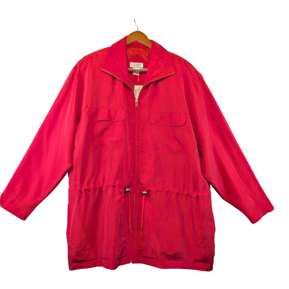 Lavon Vintage 90s Silk Jacket Sz Md Red Full Zip Drawstring Waist Shoulder Pad
